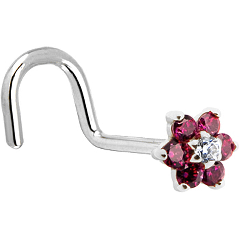 Solid 14K White Gold Red and Clear Cubic Zirconia Flower Nose Ring