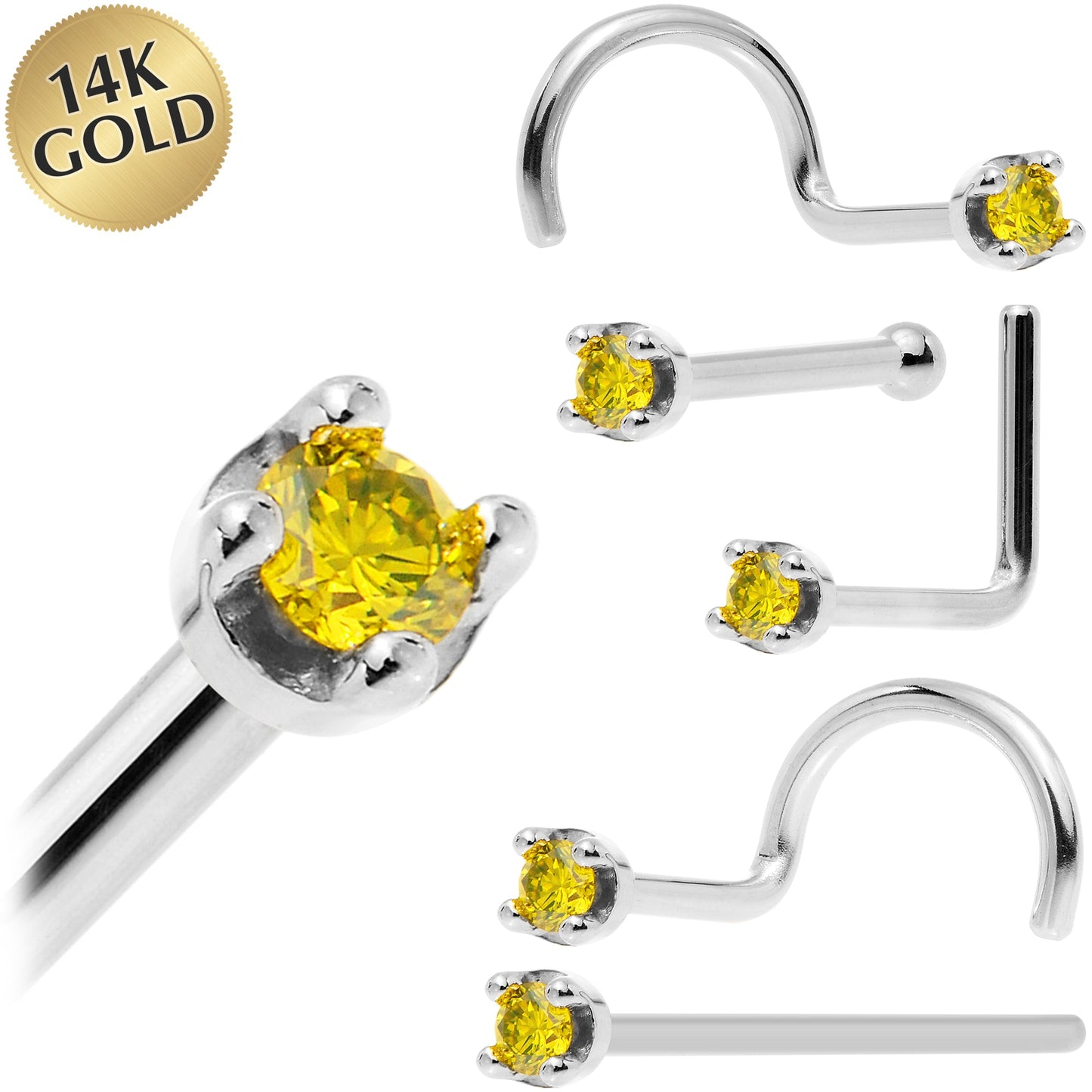 Solid 14K White Gold 1.5mm Genuine Yellow Diamond Nose Ring