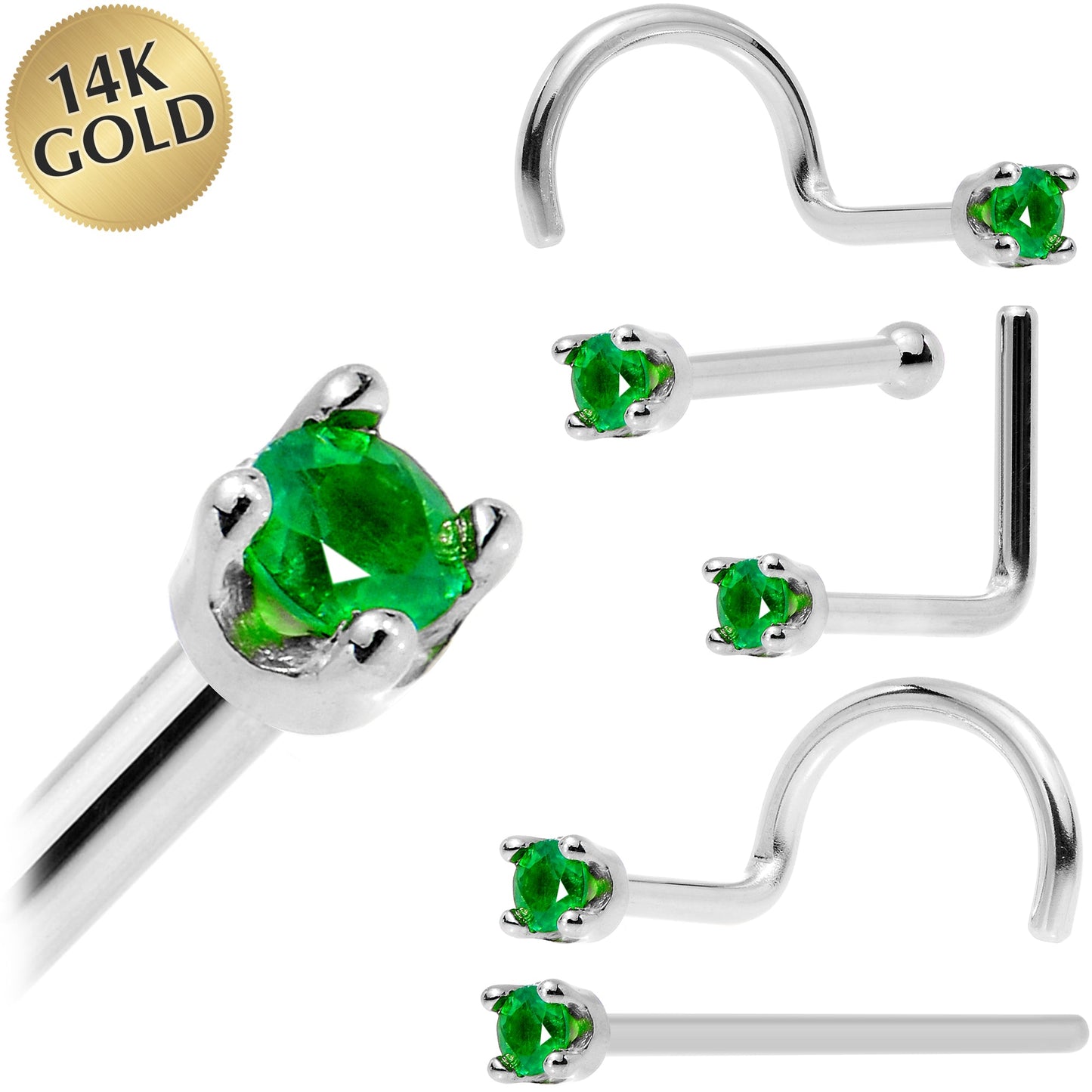 Solid 14K White Gold 1.5mm Genuine Emerald Nose Ring