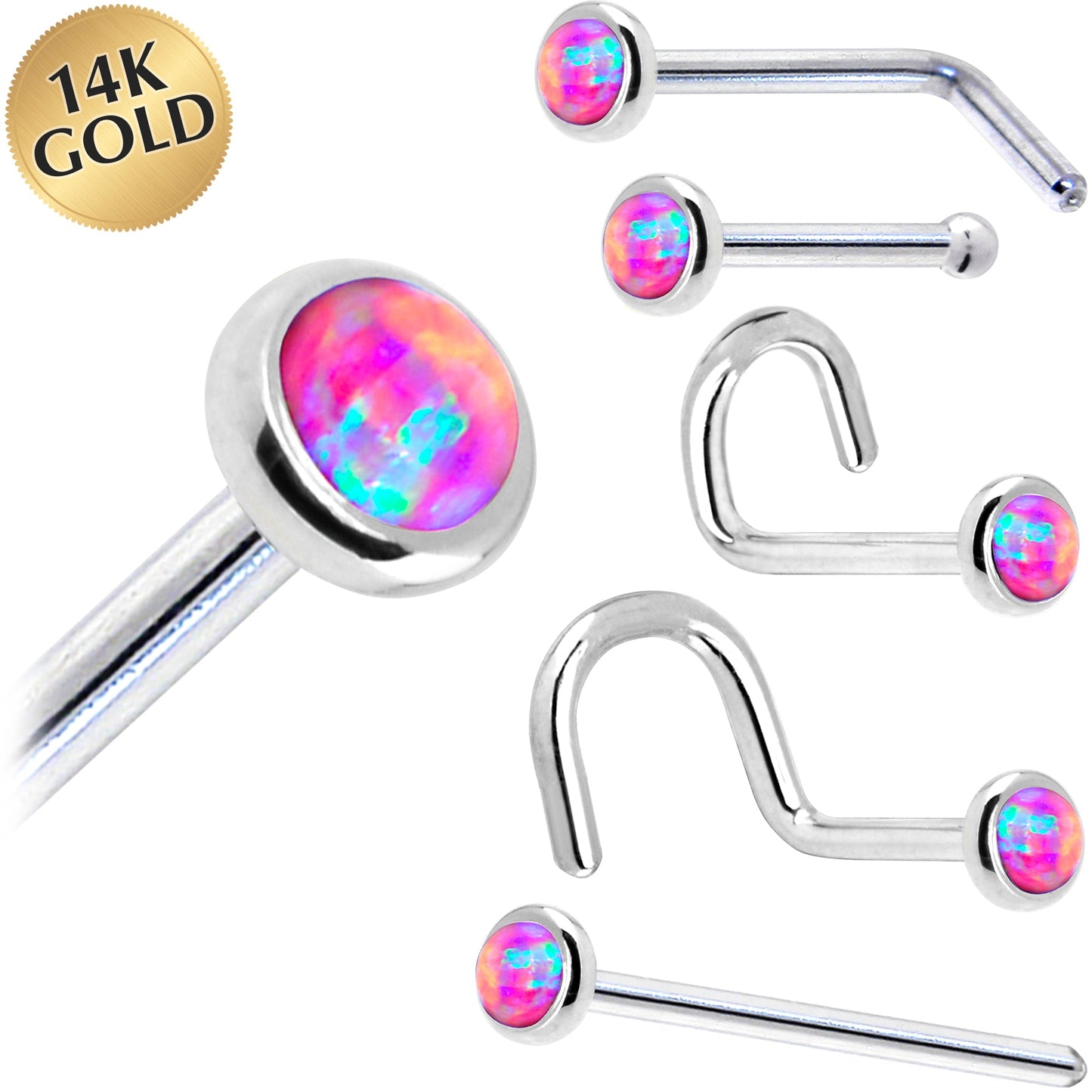 Solid 14K White Gold 2mm Fuchsia Synthetic Opal Nose Ring
