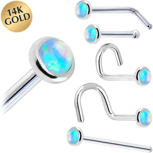 Solid 14K White Gold 2mm Light Blue Synthetic Opal Nose Ring