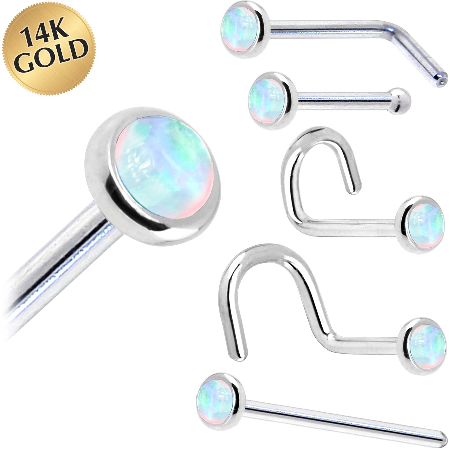 Solid 14K White Gold 2mm Synthetic Opal Nose Ring