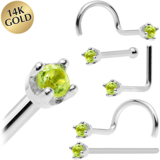 Solid 14K White Gold 1.5mm Genuine Peridot Nose Ring