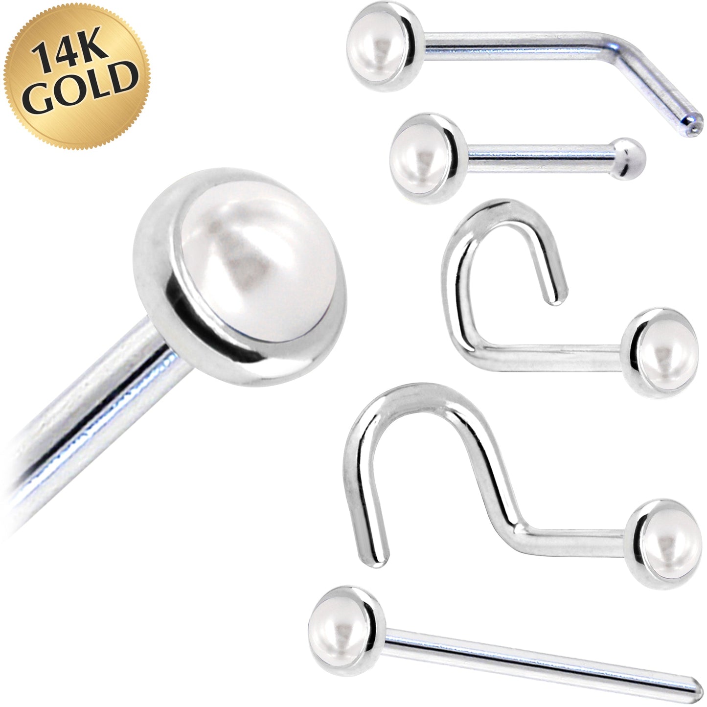 Solid 14K White Gold 2mm Cultured Pearl Nose Ring