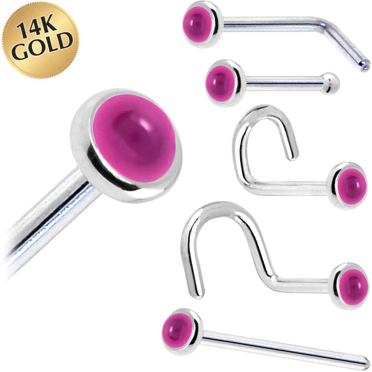 Solid 14K White Gold 2mm Genuine Pink Garnet Nose Ring