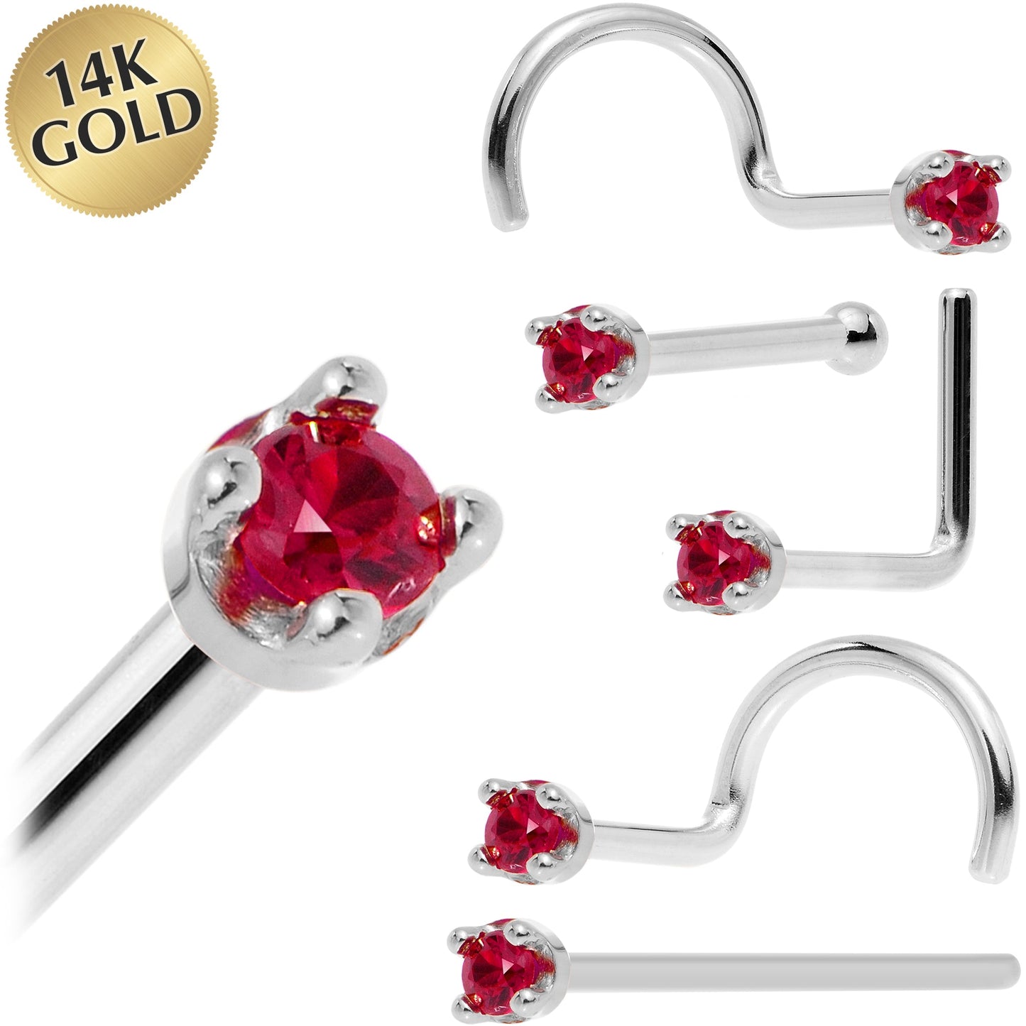 Solid 14K White Gold 1.5mm Diamond Cut Genuine Ruby Nose Ring