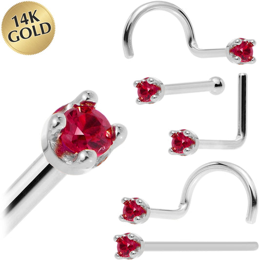 Solid 14K White Gold 1.5mm Diamond Cut Genuine Ruby Nose Ring