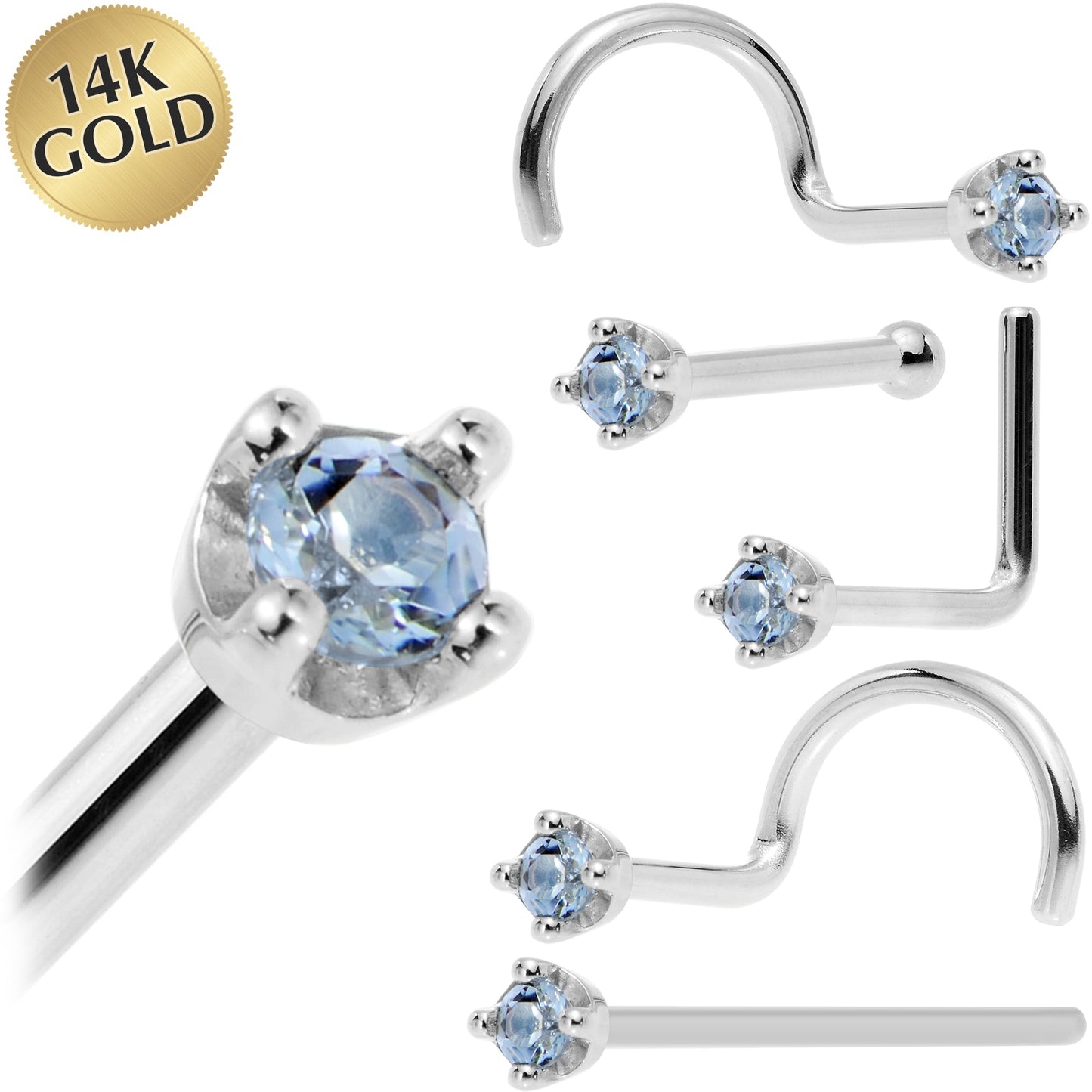 Solid 14K White Gold 1.5mm Genuine Topaz Nose Ring