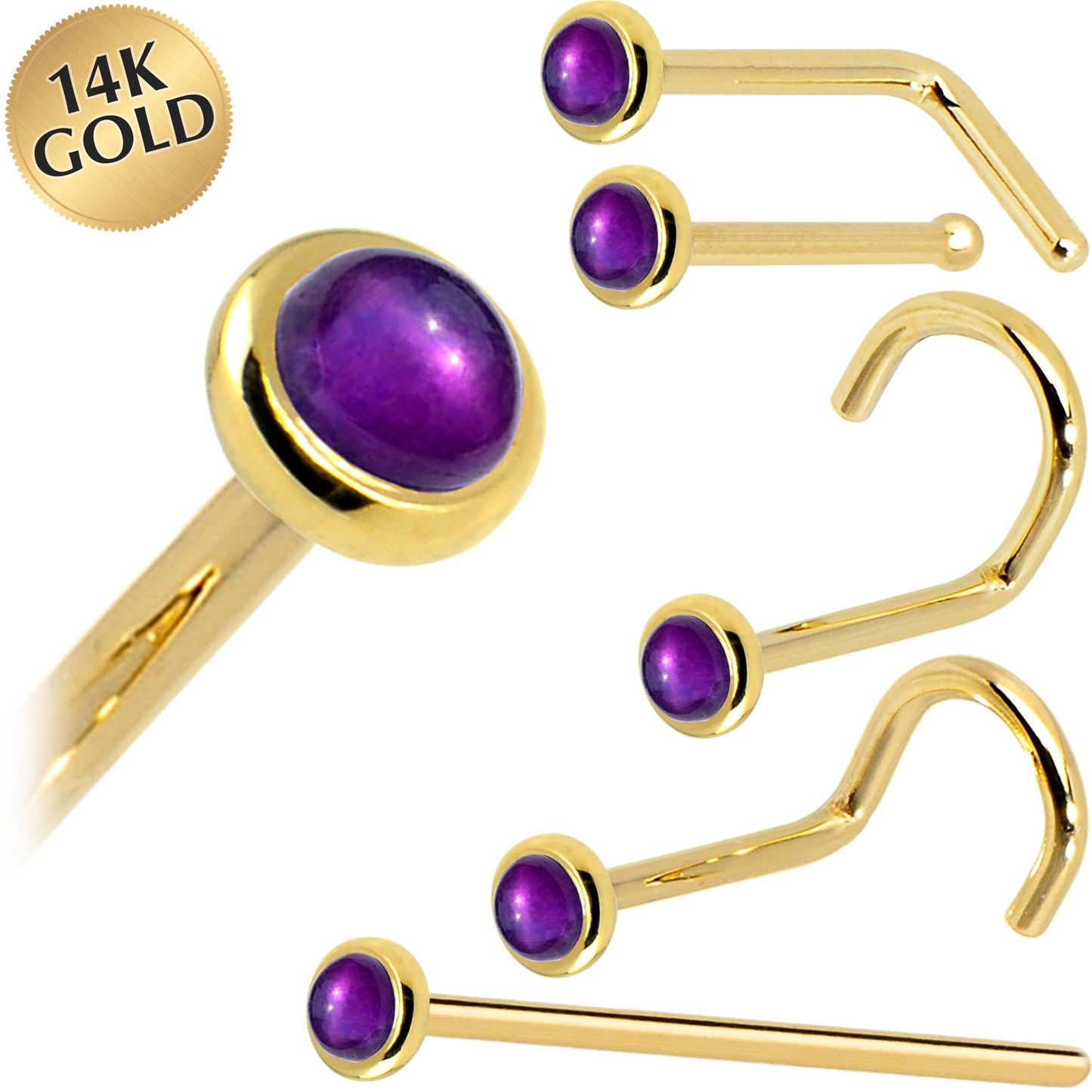 Solid 14K Yellow Gold 2mm Genuine Amethyst Nose Ring