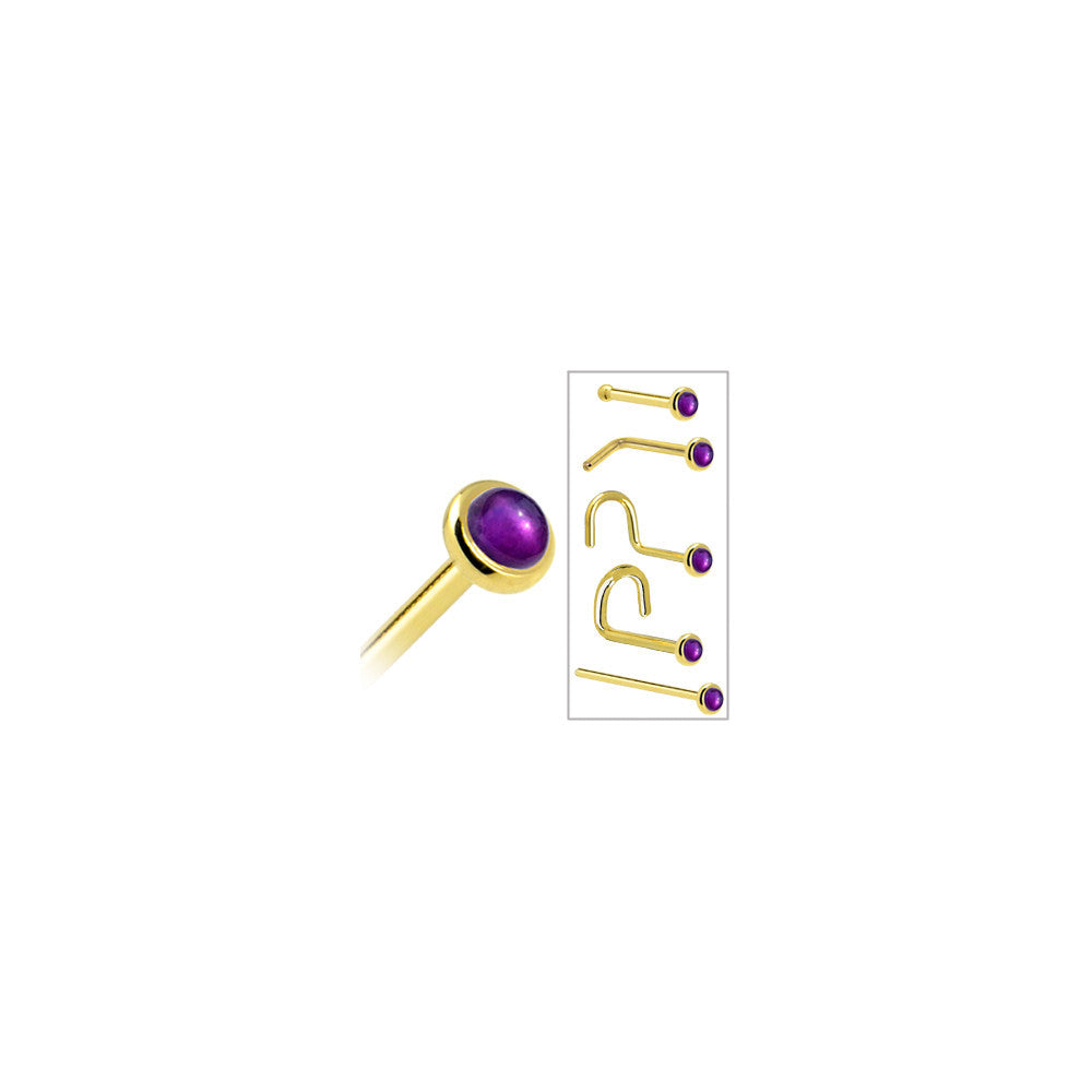 Solid 14K Yellow Gold 2mm Genuine Amethyst Nose Ring