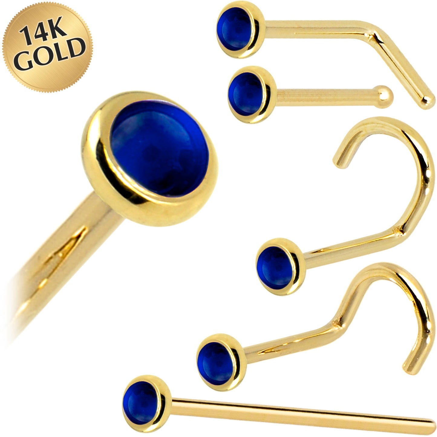 Solid 14K Yellow Gold 2mm Genuine Sapphire Nose Ring
