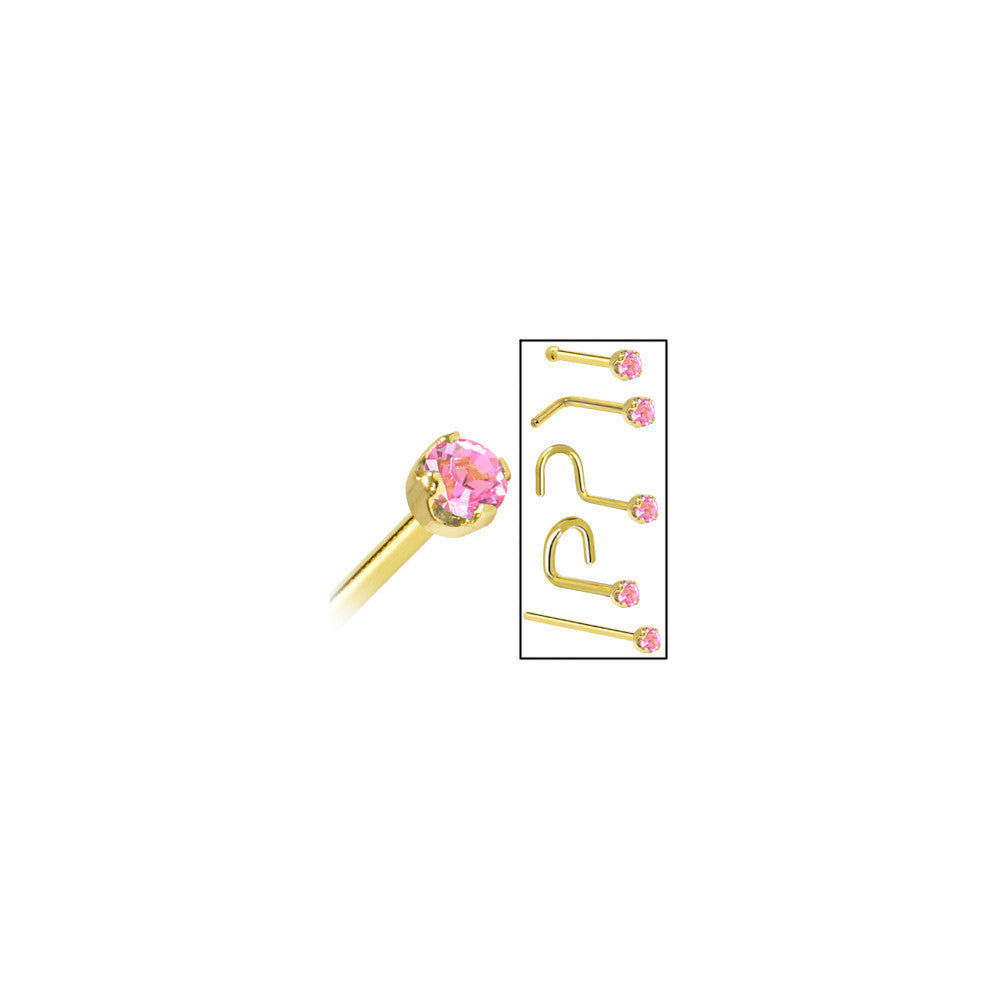 Solid 14K Yellow Gold 2mm Pink Cubic Zirconia Nose Ring