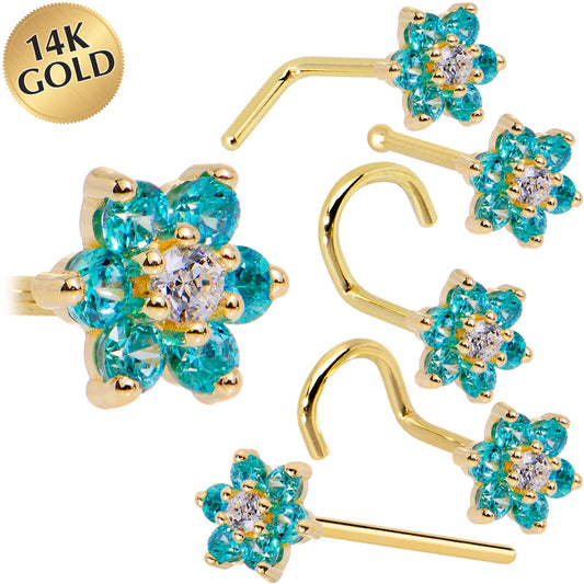 Solid 14K Yellow Gold Mint Green and Clear Cubic Zirconia Flower Nose Ring