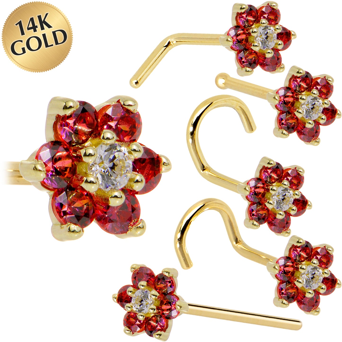 Solid 14K Yellow Gold Red and Clear Cubic Zirconia Flower Nose Ring
