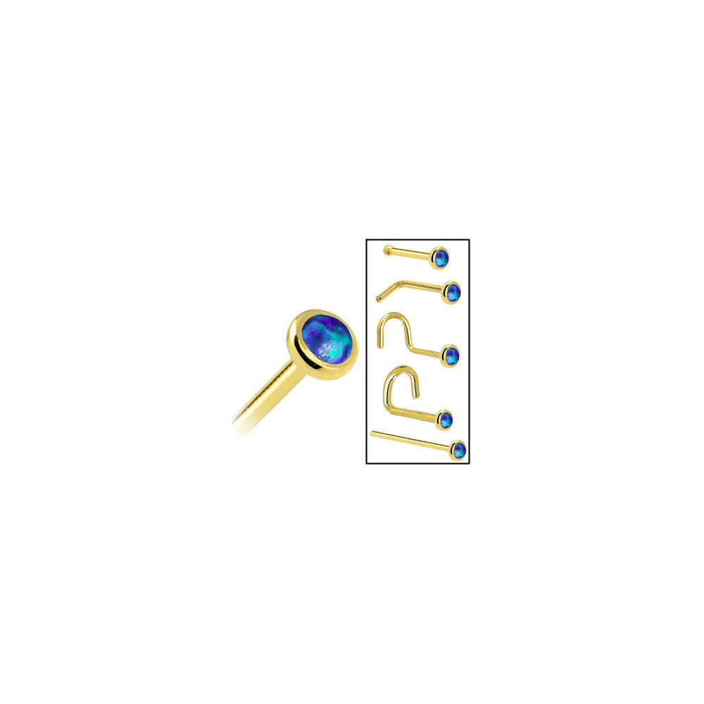 Solid 14K Yellow Gold 2mm Dark Blue Synthetic Opal Nose Ring