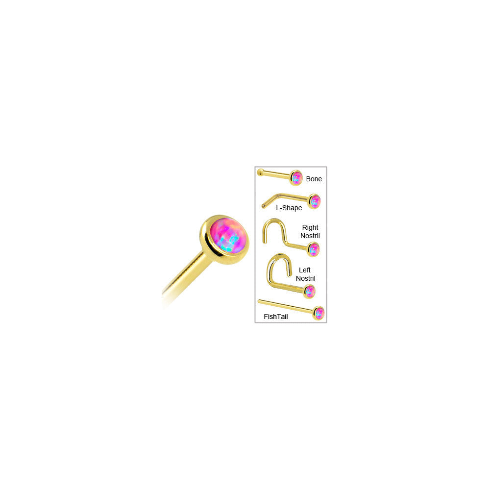 Solid 14K Yellow Gold 2mm Fuchsia Synthetic Opal Nose Ring