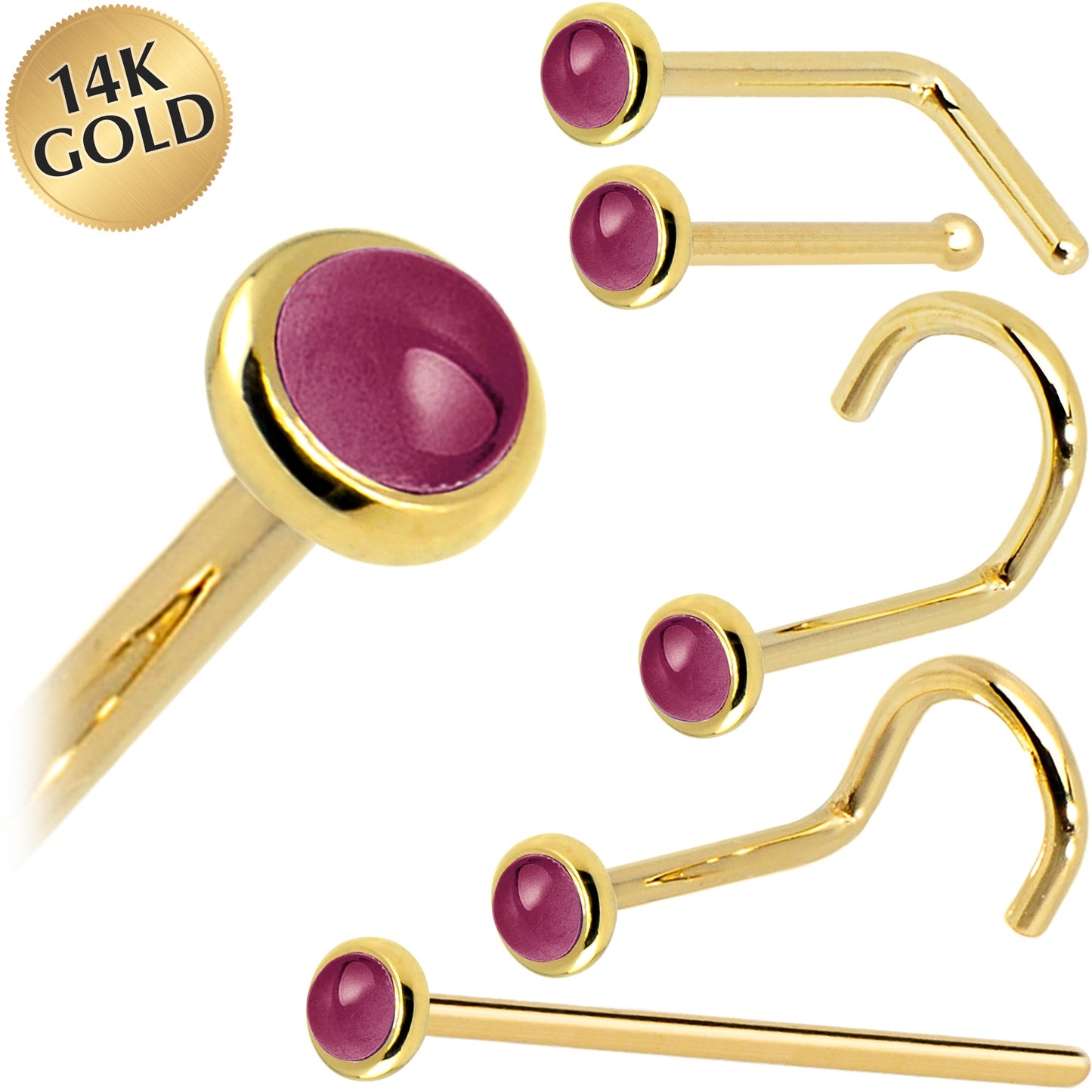 Solid 14K Yellow Gold 2mm Genuine Raspberry Rhodolite Garnet Nose Ring