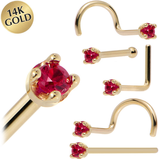 Solid 14K Yellow Gold 1.5mm Diamond Cut Genuine Ruby Nose Ring