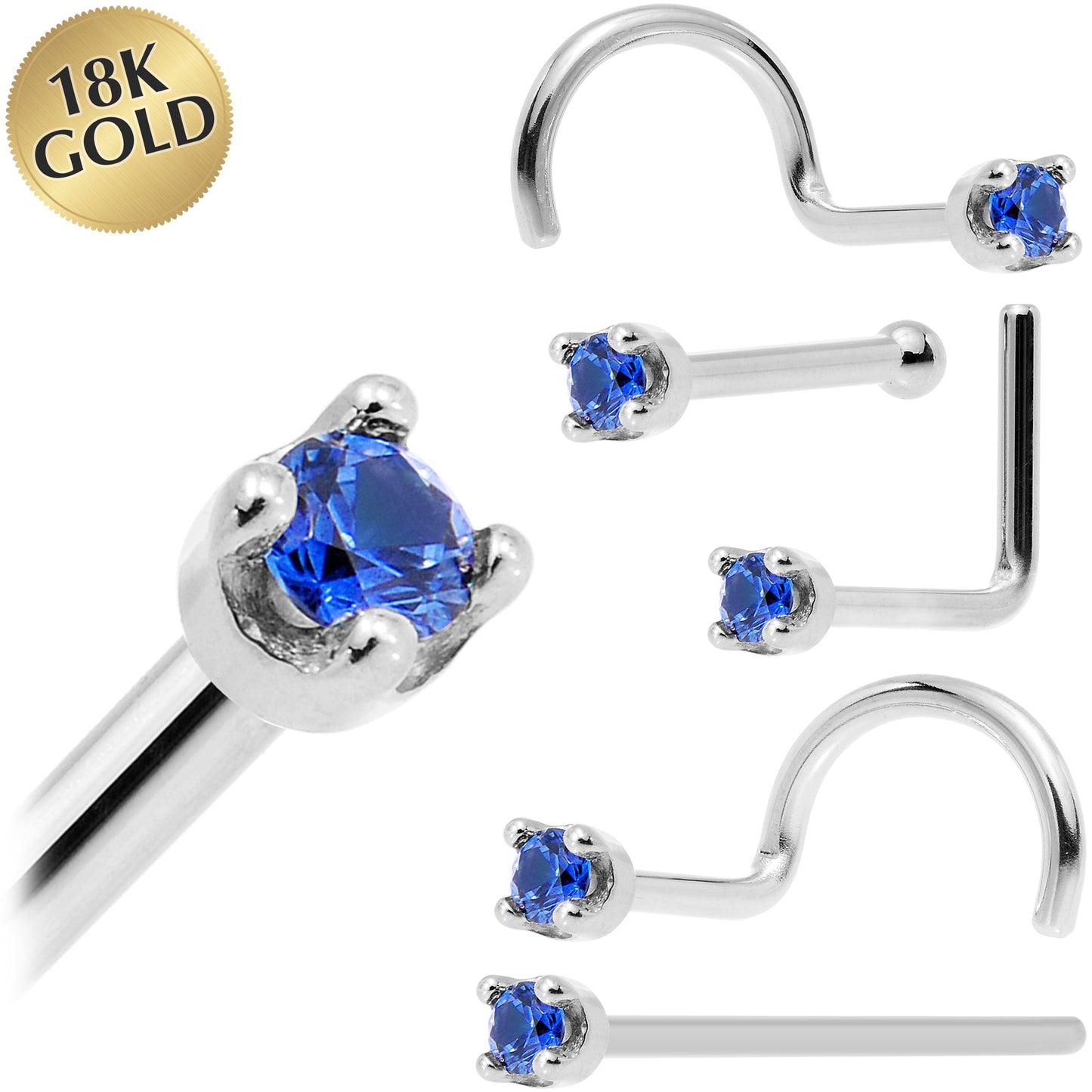 Solid 18K White Gold 1.5mm Genuine Blue Sapphire Nose Ring