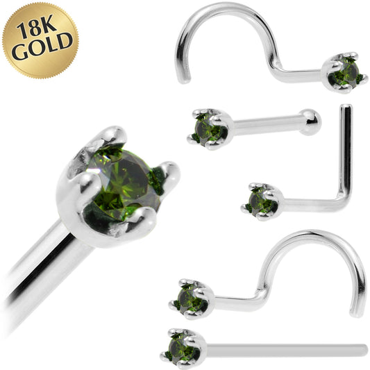 Solid 18K White Gold 1.5mm Genuine Green Diamond Nose Ring