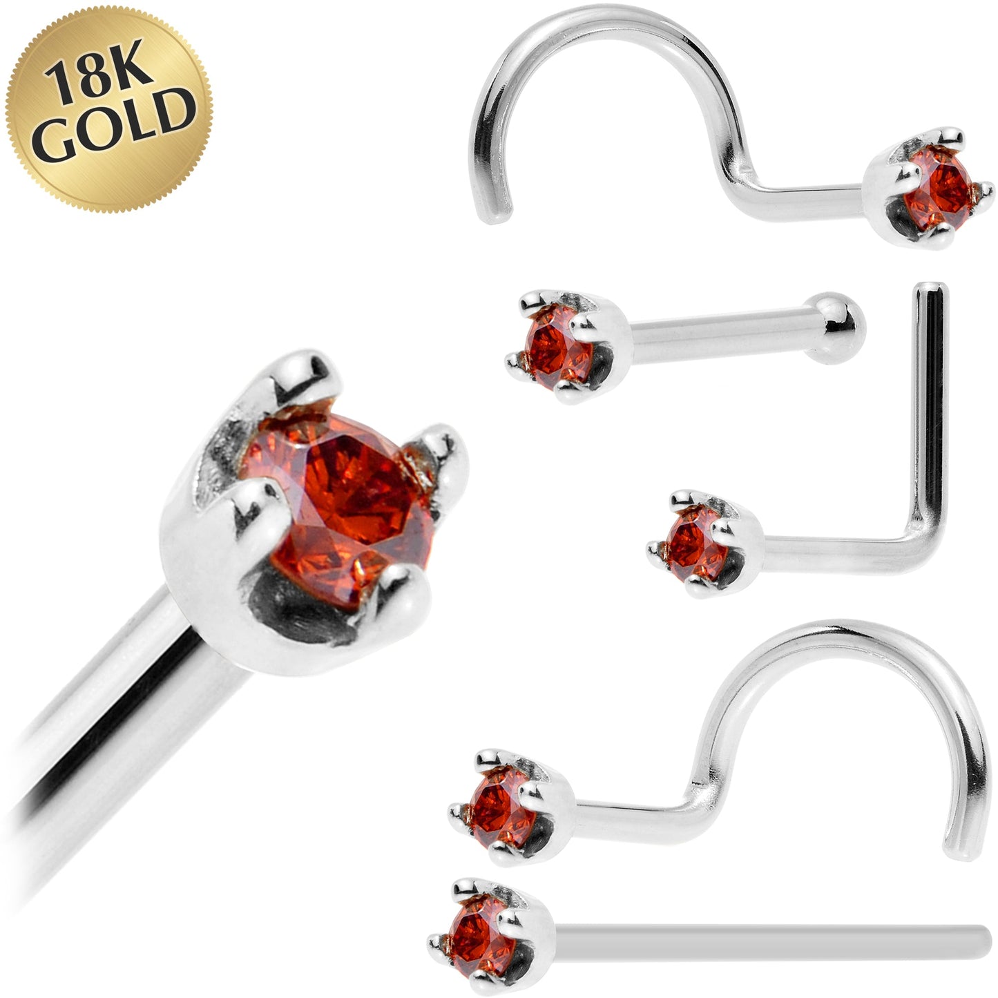 Solid 18K White Gold 1.5mm Genuine Red Diamond Nose Ring