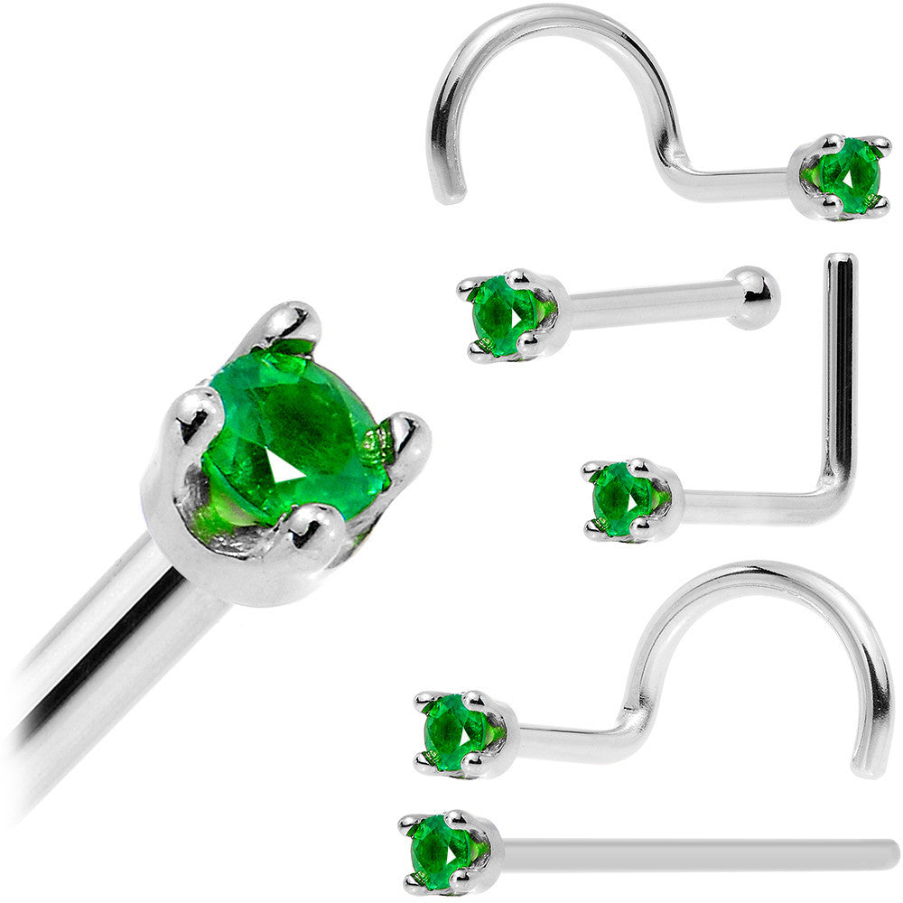 Solid 14K White Gold 1.5mm Genuine Emerald Nose Ring