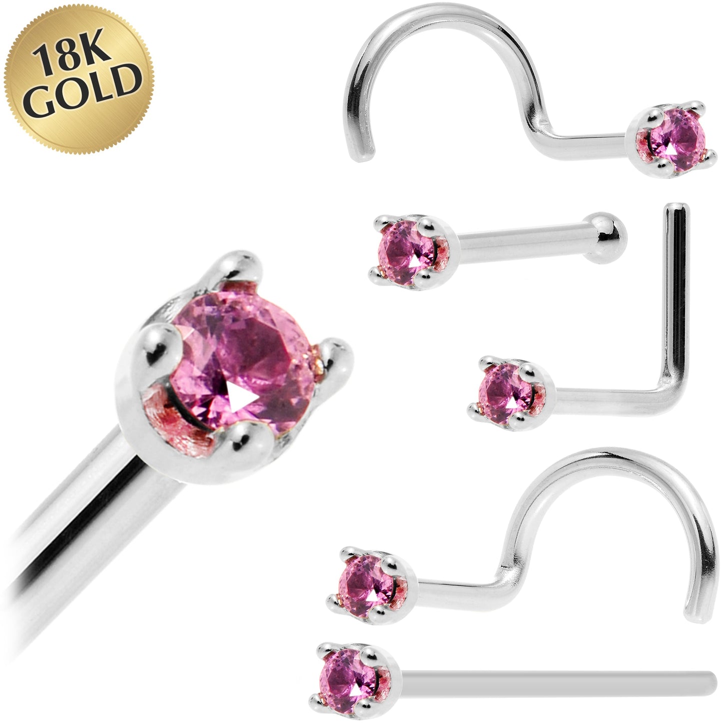 Solid 18K White Gold 1.5mm Genuine Pink Sapphire Nose Ring