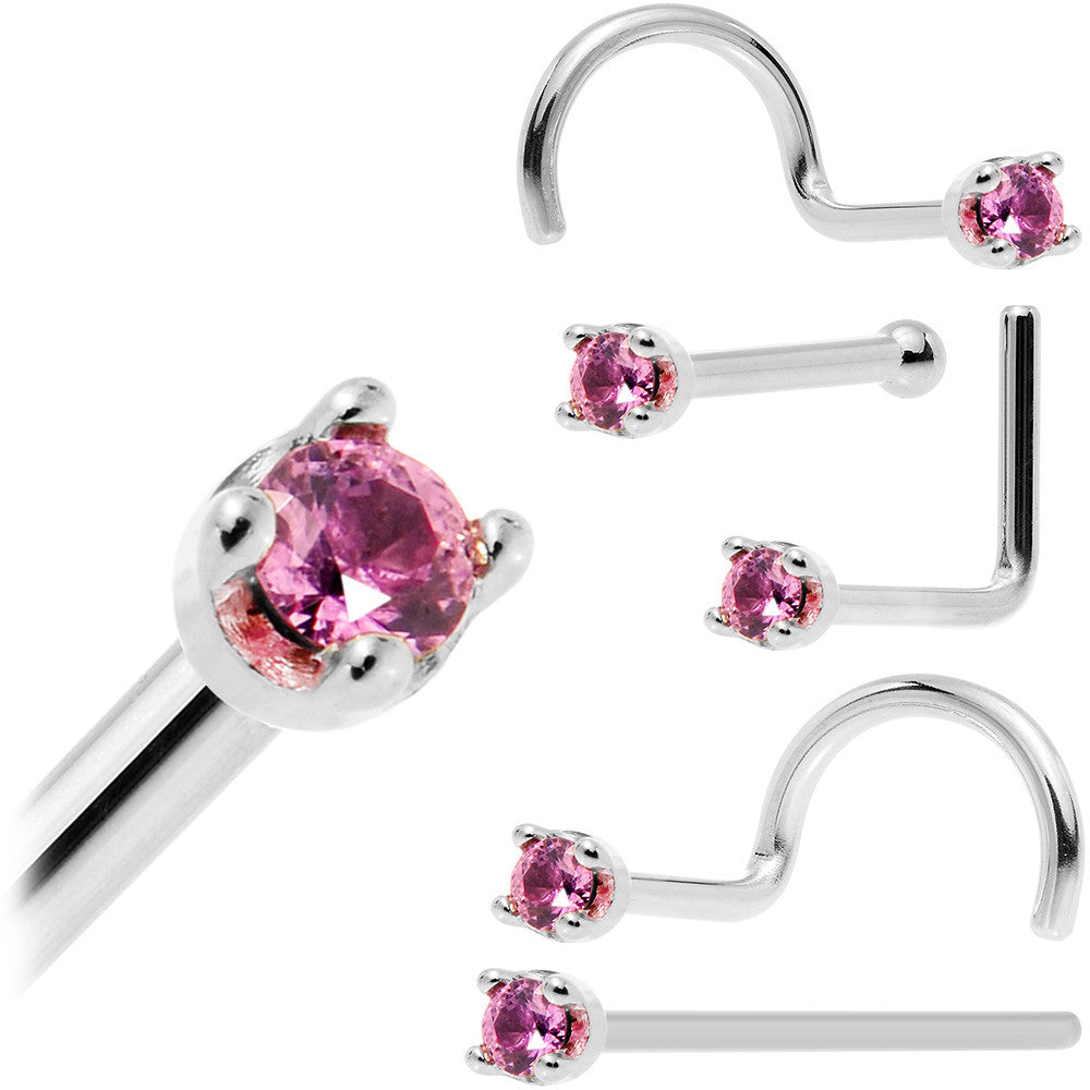 Solid 18K White Gold 1.5mm Genuine Pink Sapphire Nose Ring