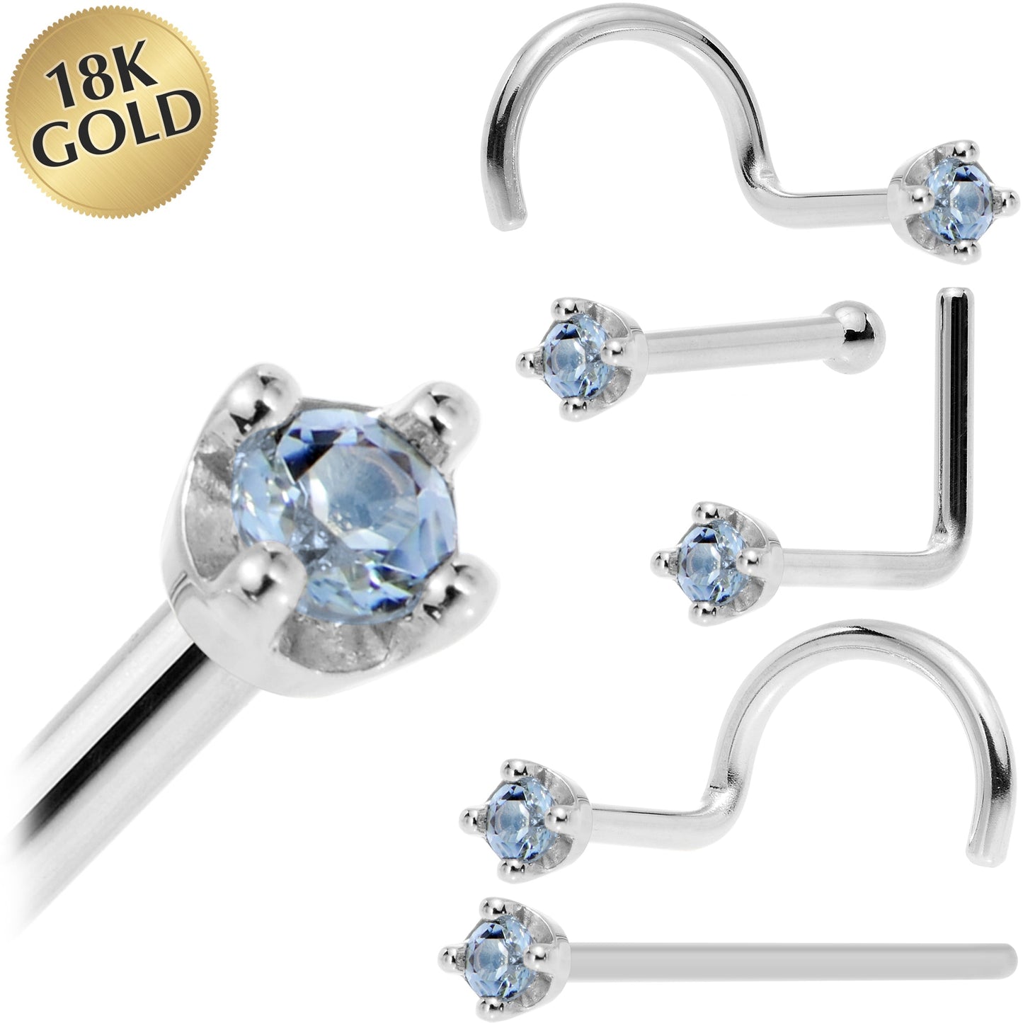 Solid 18K White Gold 1.5mm Genuine Topaz Nose Ring