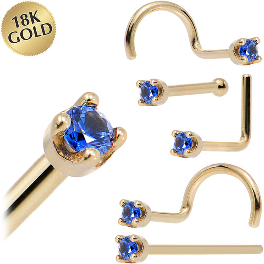 Solid 18K Yellow Gold 1.5mm Genuine Blue Sapphire Nose Ring