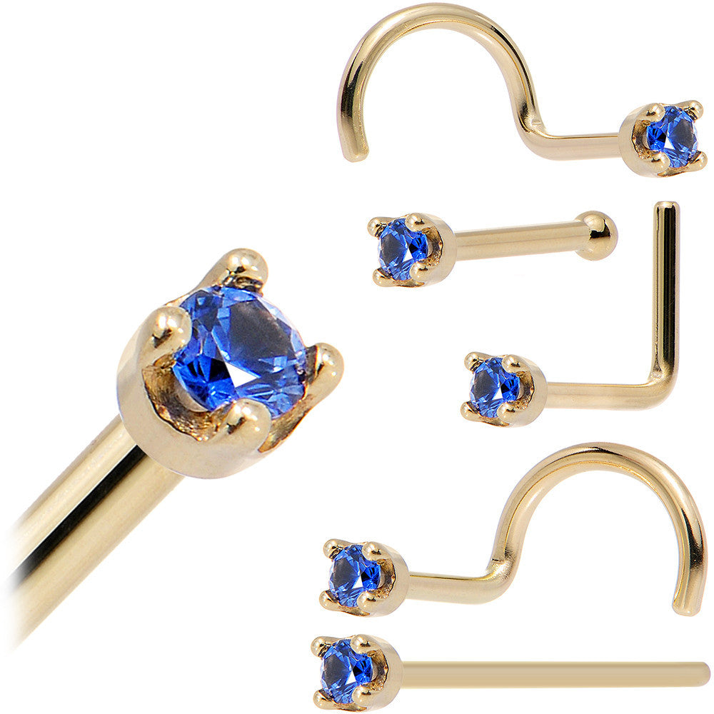 Solid 18K Yellow Gold 1.5mm Genuine Blue Sapphire Nose Ring