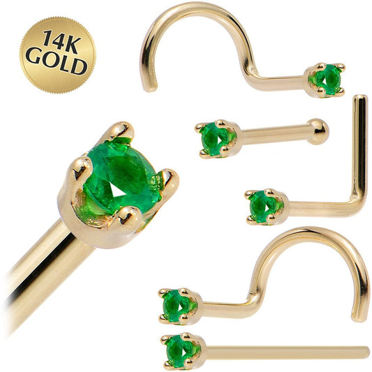 Solid 14K Yellow Gold 1.5mm Genuine Emerald Nose Ring