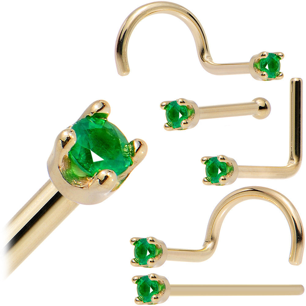 Solid 14K Yellow Gold 1.5mm Genuine Emerald Nose Ring