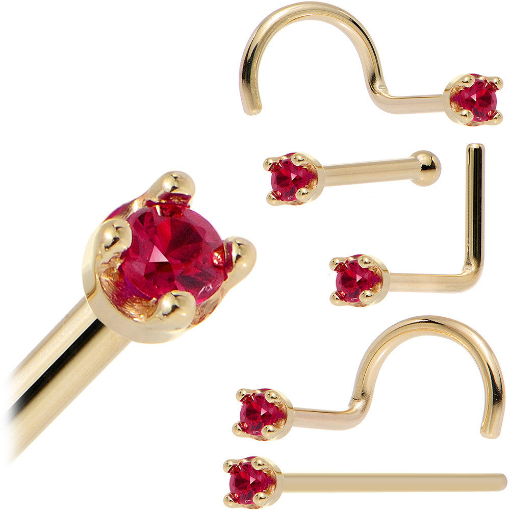 Solid 14K Yellow Gold 1.5mm Diamond Cut Genuine Ruby Nose Ring
