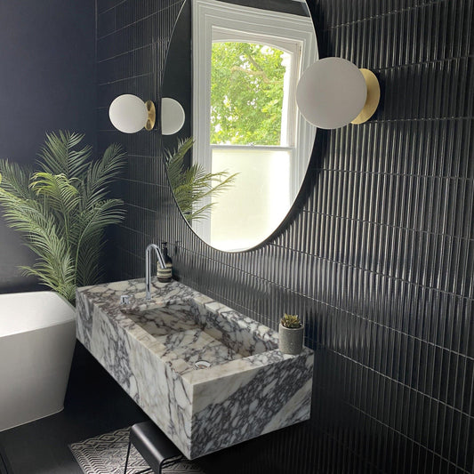 Calacatta Viola Marble Rectangular Wall-mount Bathroom Sink Side Faucet Holes (W)16" (L)32" (H)9"