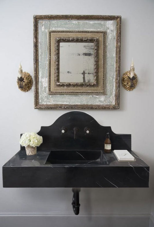 Toros Black Marble Wall-mount Bathroom Sink with Backsplash Polished (W)15" (W)33" (H)6"