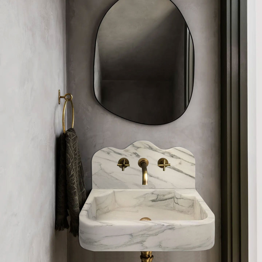 Calacatta White Marble Wall-Mount Bathroom Sink with Arabesque Backsplash (W)16" (L)24" (H)5"