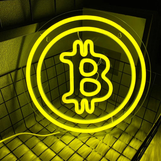 Neon sign with Bitcoin symbol on a dark background