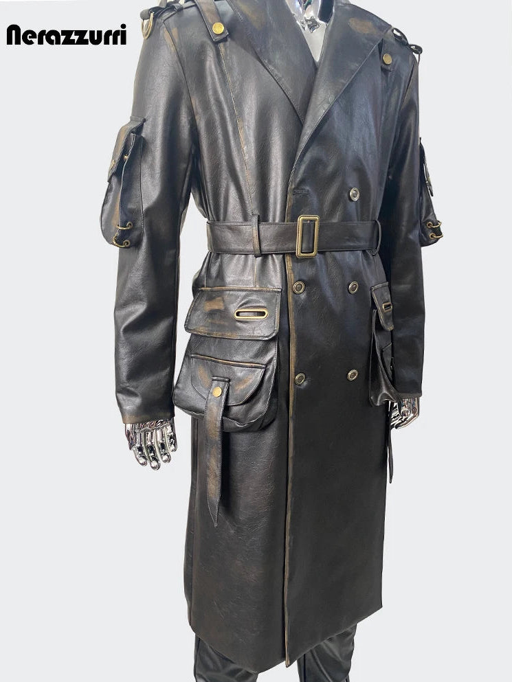 Nerazzurri Men’s Long Distressed PU Leather Trench Coat – Waterproof, Belted Punk Style for Spring & Autumn - Premium trench coat from Lizard Vigilante - Just $247.99! Shop now at Lizard Vigilante