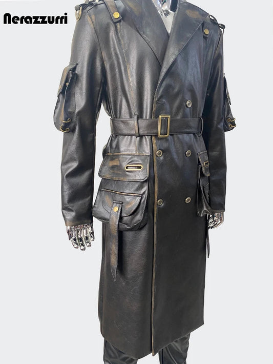 Nerazzurri Men’s Long Distressed PU Leather Trench Coat – Waterproof, Belted Punk Style for Spring & Autumn - Premium trench coat from Lizard Vigilante - Just $247.99! Shop now at Lizard Vigilante