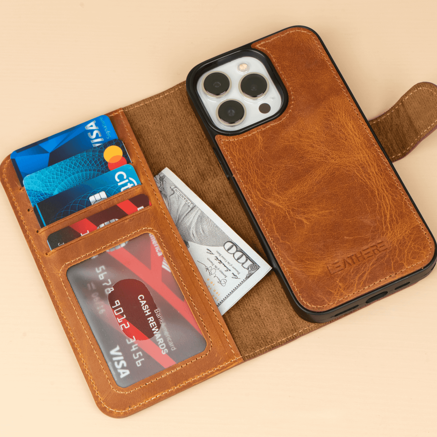 iPhone 16 Series Brown Leather Wallet Case - New York