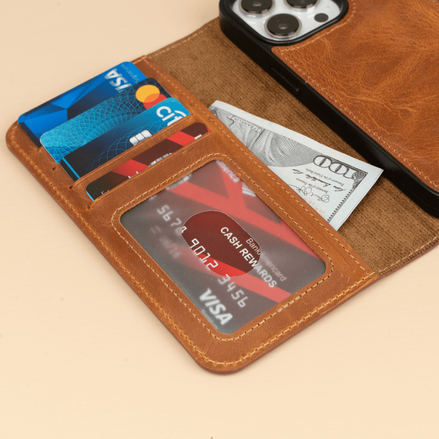 iPhone 16 Series Brown Leather Wallet Case - New York