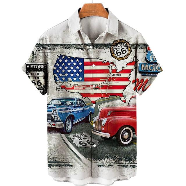 Feel The Freedom Route 66 Red White Blue 3D Printed Short Sleeve Lapel Shirt Fashion Style Racing 3D Print Short Sleeve Shirt - Lizard Vigilante