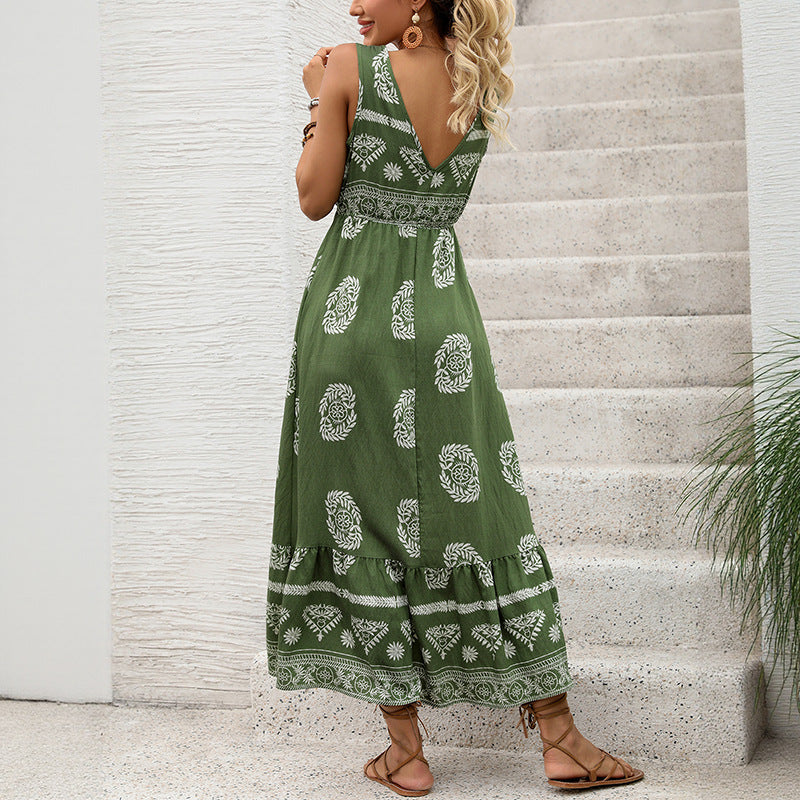 New Holiday Printed Green Ethnic Style Casual V-neck High Waist Dress For Women