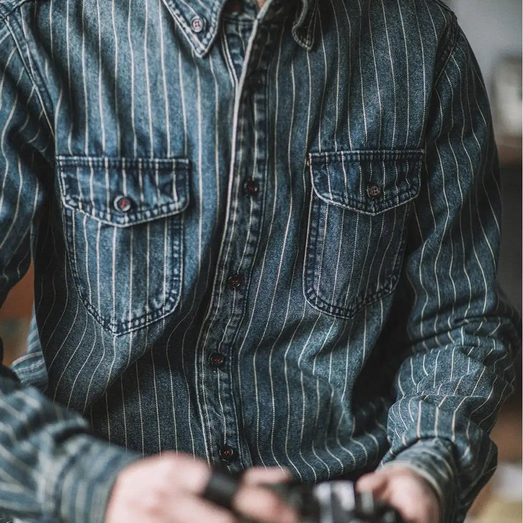 Vintage Vertical Stripes Denim Shirt Workwear Washed Old Long Sleeve Men