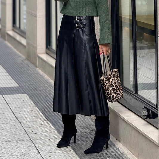 Women A line Pleated Faux Leather Skirt Large Swing Waist Leather Skirt