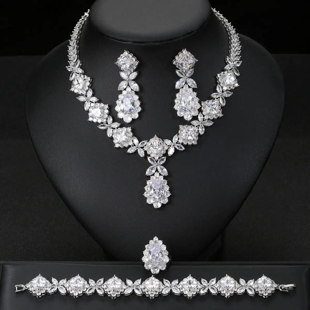 European And American Luxury Zircon Necklace Earring Bracelet Ring Suit