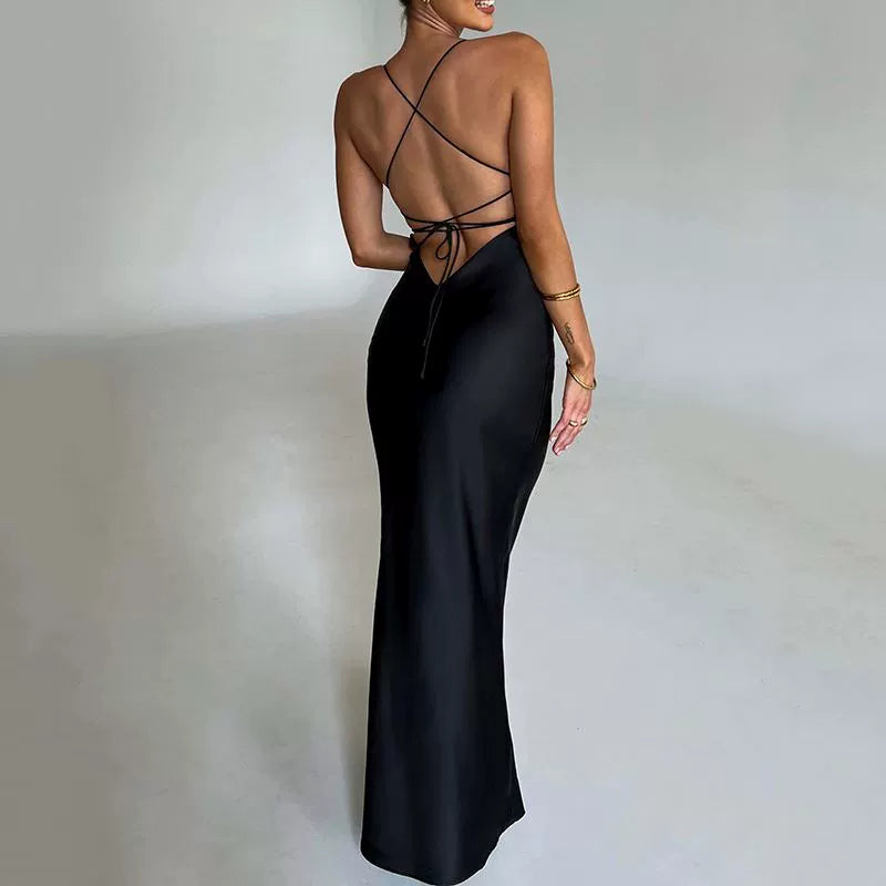 Star-Studded Occasions Fishtail Dress | Classy Silky Satin Open Back Over-the-Knee Mermaid Gown – Perfect for Birthday Parties & Summer Events - Premium dress from Lizard Vigilante - Just $36.66! Shop now at Lizard Vigilante