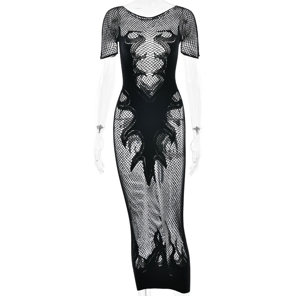 Sexy Cutout See through Tight Dress Sexy Flame Details Fishnet round Neck Dress