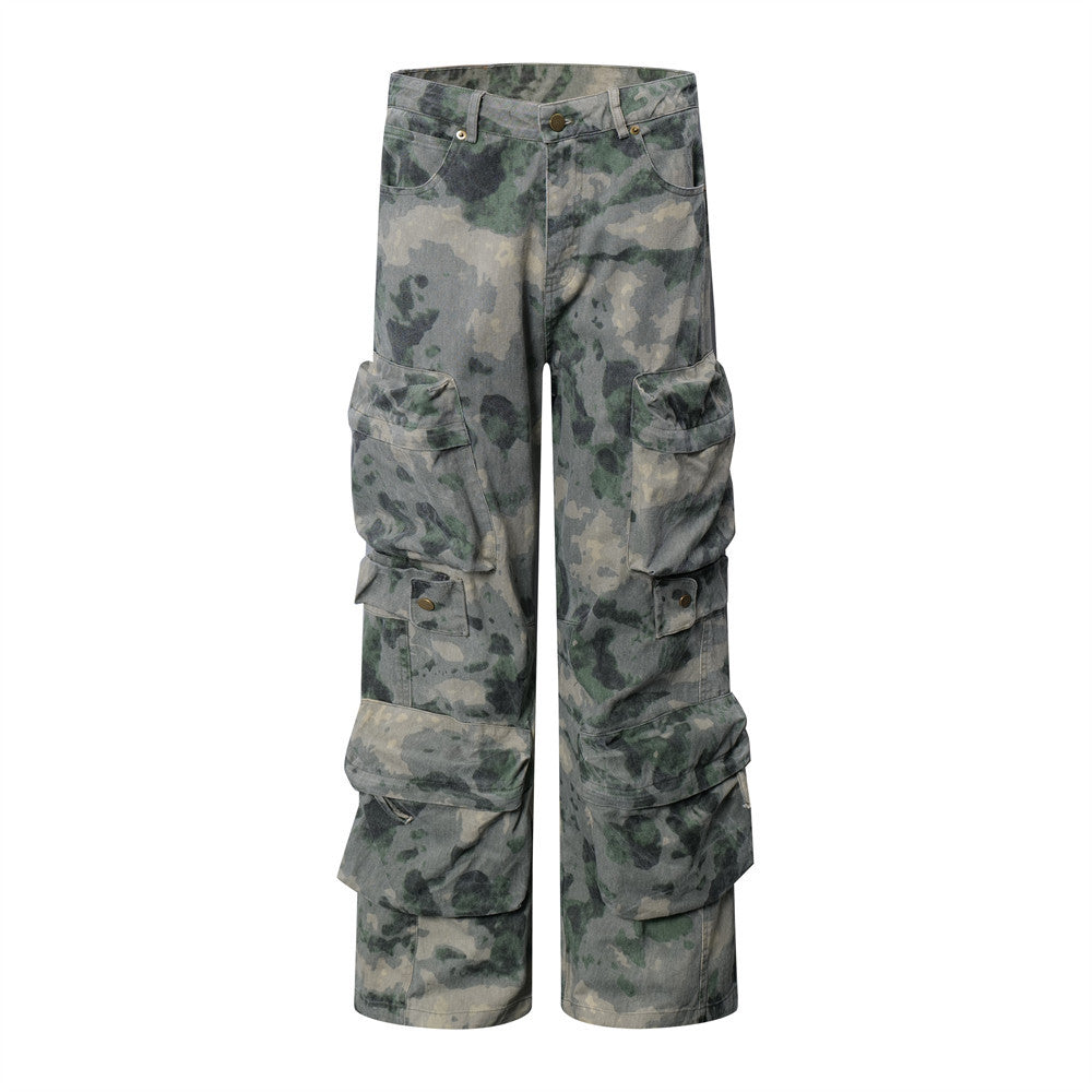 Dimensional Patch Pocket Wide Leg Tie-dye Camouflage Large Pocket Overalls Men